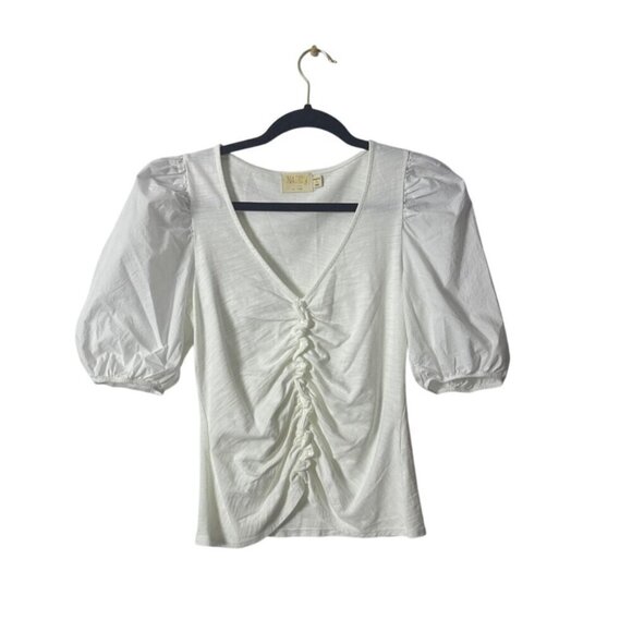 Nation LTD Tops - Nation Ltd White Ruched Front Puff Sleeve Top Made In Peru 100% Cotton Size S